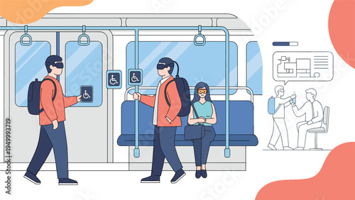 Passengers on a futuristic subway train wearing virtual reality headsets to interact with digital interfaces while commuting through the city.