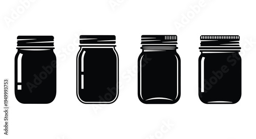 Four black and white illustrations of various mason jars displayed together