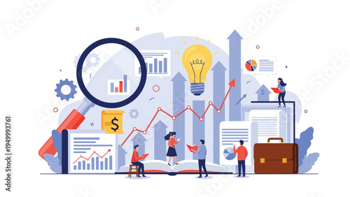 Data analysts and business professionals work together to examine growth charts using a large magnifying glass tool.