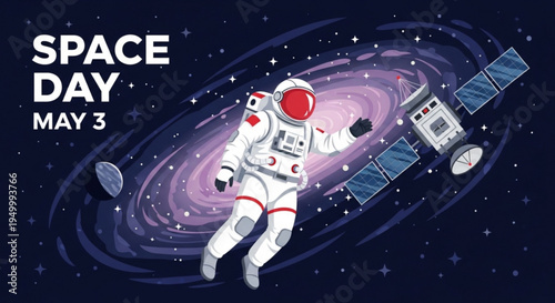 Astronaut floating in space with satellite and galaxy background on space day may 3rd