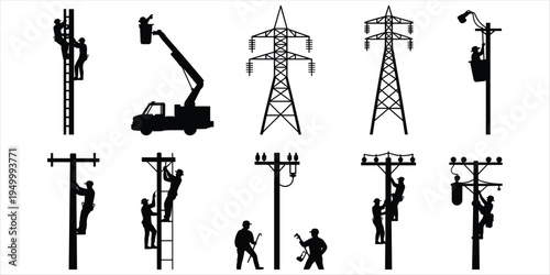 Silhouette set of electricians working on power lines and poles electricity worker
