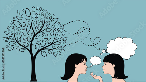 Two women share a deep intellectual connection with thought bubbles linked to a stylized tree representing knowledge.