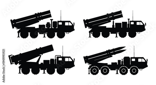 Four black silhouettes of military missile launchers on wheeled vehicles