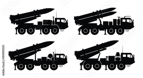 Four black silhouettes of military missile launchers on wheeled vehicles