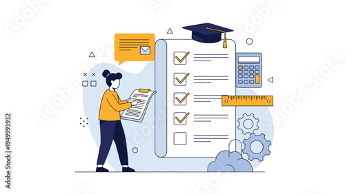 Organized student checks off completed tasks on a large educational checklist featuring academic icons and tools.