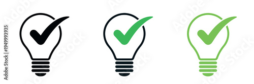 Lamp icon set with check mark symbol representing approved lighting concept, verification sign and modern illustration