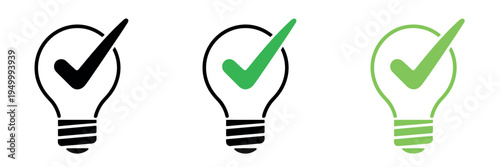 Lamp icon collection with check mark symbol representing confirmation, approval concept and modern lighting illustration