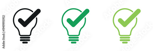 Lamp icons with check symbol showing approved idea concept, verification mark and modern lighting illustration
