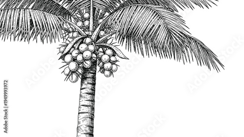 Detailed black and white stipple illustration of a tropical coconut palm tree with many ripe fruits growing under its long arching fronds.