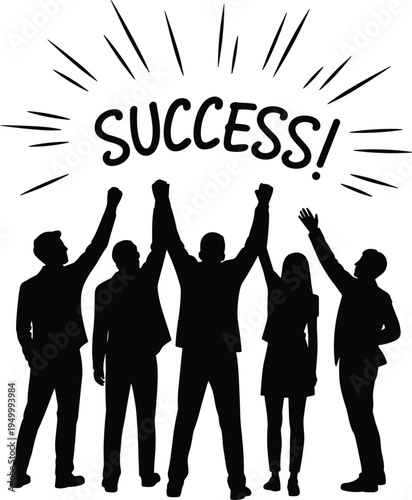 Silhouettes of business people raising hands in success with sunburst on white background Keywords: success, business, people