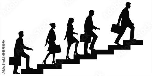Silhouettes of Business People Ascending Stairs with Briefcases in Black and White Keywords: business, people, silhouettes