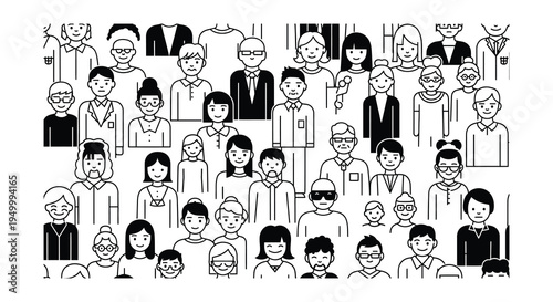 A diverse group of people represented by simple black and white illustrations