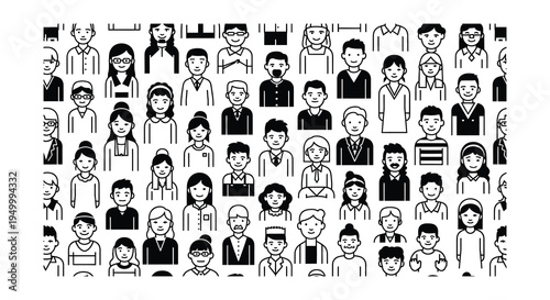 A diverse group of people represented by simple black and white illustrations
