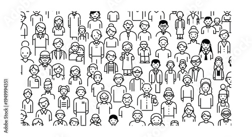 A diverse group of people represented by simple black and white illustrations