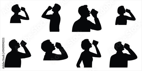 Silhouettes of eight people drinking from cups on a white background beverage