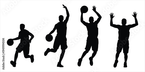 Silhouettes of four basketball players in action on a white background sport game