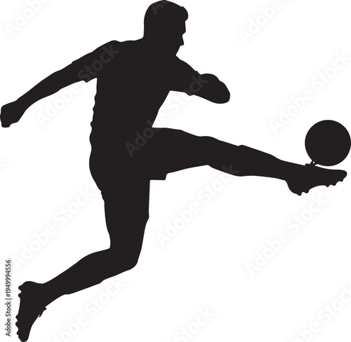 A black silhouette of a professional soccer player performing an athletic kick on a white background Vector, illustration
