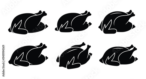 Six black silhouettes of whole roasted chickens in varying poses