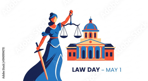 Justice symbol with scales and sword standing before courthouse on law day may 1st