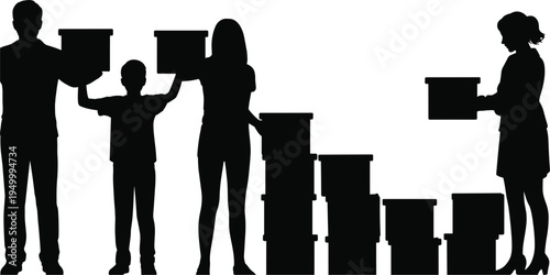Silhouettes of people holding and stacking boxes in a descending line family woman