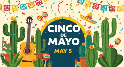 Vibrant cinco de mayo celebration background with cacti guitar and confetti