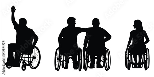 Silhouettes of three people in wheelchairs on a white background disability accessibility