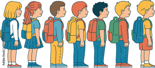 School children with backpacks standing in line side view, diverse students cartoon characters vector illustration