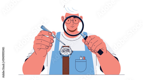 Precision Timekeeper: A skilled watchmaker meticulously examines a timepiece through a magnifying glass, employing specialized tools with utmost precision.