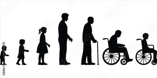 Silhouettes representing human life stages from infancy to old age in wheelchairs vector illustration