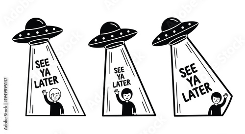 Three ufos abduct waving people with a playful see ya later message