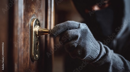 Burglar wearing a ski mask and gloves picking a residential door lock with a specialized tool, attempting a break in and committing a home invasion and theft