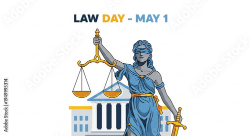 Justitia holding scales and sword in front of courthouse on law day may 1st