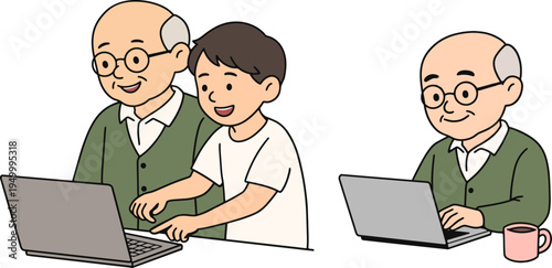 working senior learning digital laptop technology vector illustration