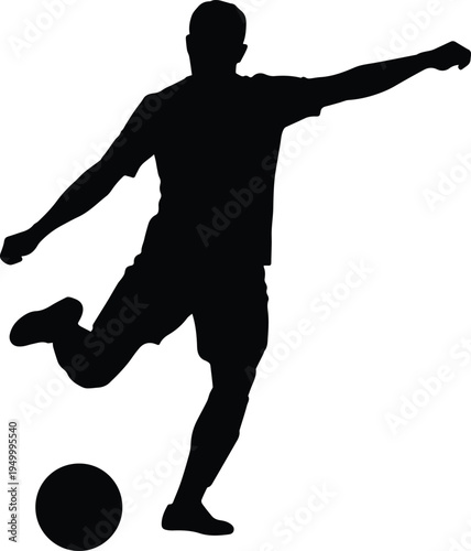 A black silhouette of a soccer player kicking a ball isolated on a clean white background design Vector, illustration