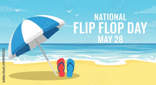Beach scene with blue and white umbrella flip flops national flip flop day on sandy shore by ocean waves