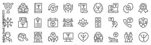 Set of 30 outline icons related to psychology symbol. Linear icon collection. Editable stroke. Vector illustration