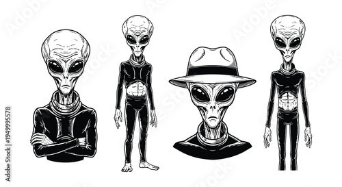 Four grey aliens depicted in a black and white illustrative style
