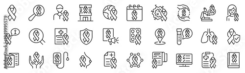 Set of 30 outline icons related to cancer ribbon . Linear icon collection. Editable stroke. Vector illustration