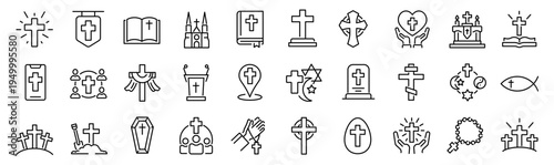Set of 30 outline icons related to christian cross. Linear icon collection. Editable stroke. Vector illustration