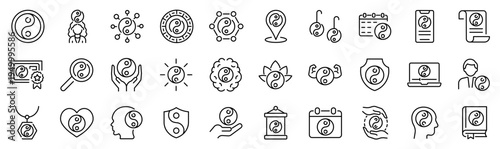 Set of 30 outline icons related to ying yang symbol. Linear icon collection. Editable stroke. Vector illustration