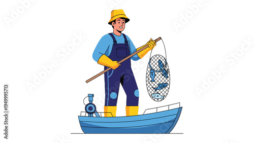 Fisherman's Bounty: An illustration captures a fisherman aboard a boat, celebrating his successful haul of fish with his fishing net.