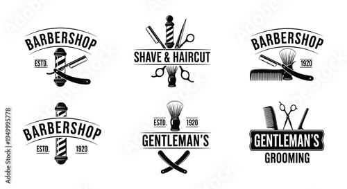 Vintage barbershop emblems and grooming tools in black and white designs