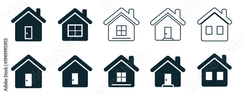 Home icons with house symbols isolated on white background showing property, residential building and real estate illustration