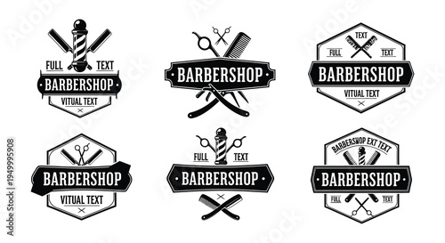 Vintage barbershop emblems and grooming tools in black and white designs