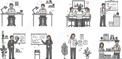 Diverse office scenes depicting work, meetings, and presentations (1)