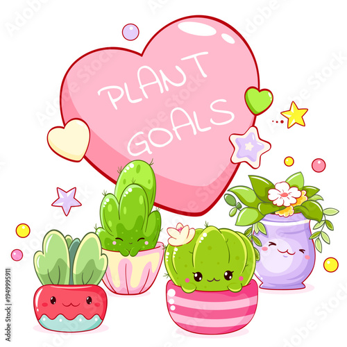 Plant goals concept. Vector Cute plants in flowerpot. Plant in kawaii style in flower pot. Home garden, hobby and leisure theme. Gardening and floriculture. Can be used for badge, card, t-shirt print