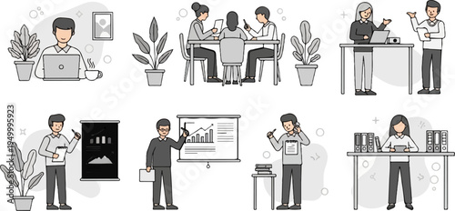 Diverse office scenes illustrating teamwork, presentations, and individual tasks