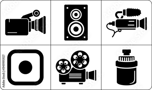 A set of icons representing various film and photography equipment, shown in silhouette against a white background.