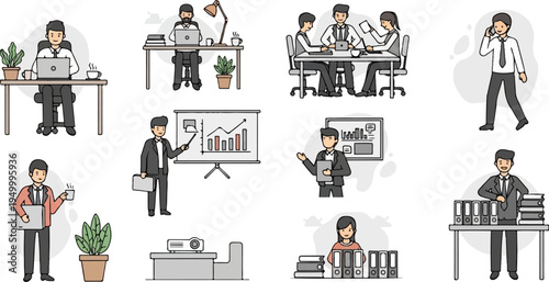 Diverse office professionals engaged in various work-related activities and tasks