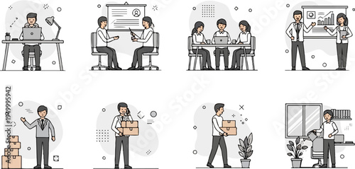 Diverse office scenes show collaboration, work, and plant care